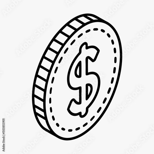 Isometric dollar coin illustration with detailed outline design  