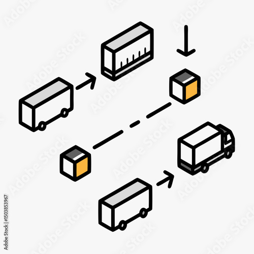 Isometric package tracking illustration with delivery vehicles and boxes  