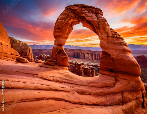 A breathtaking view of a natural, delicate red rock arch against a vibrant sunset sky. This is a Stunning Scenic World Landscape. A natural wallpaper. Delicate Arch National Park.
