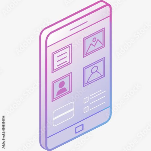 Isometric smartphone screen displaying photos and text content layout  