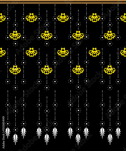 Seamless Coss-stich design on dark background Geometic ethnic oriental embroidery traditional. Aztec style, abstract vector illustration.Design for texture,fabric,clothing, print, Asia.