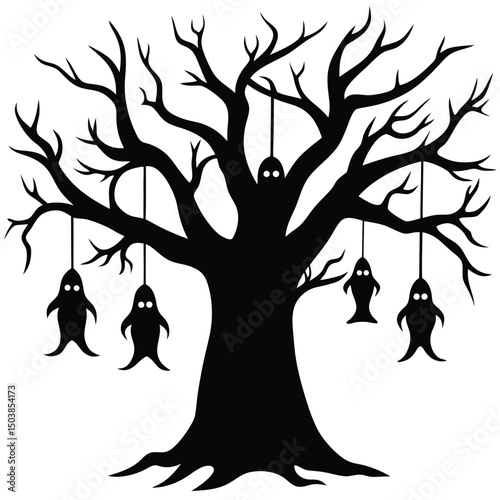 a spooky tree with gnarly knotted branches and g