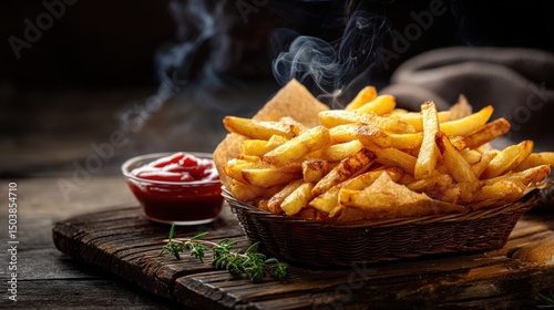 Golden crispy French fries in a basket on old wooden surface, visible curls of smoke, side of ketchup and herbs, moody lighting for food advertisement