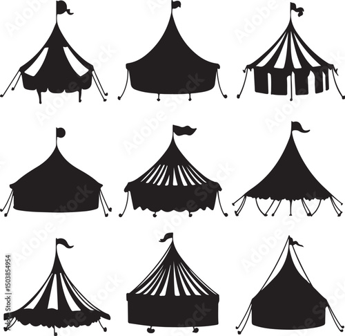 Silhouette of Circus Tents Vector Illustration: Carnival, Big Top, Festival, Fairground, Event, Black and White Clipart, Tent Icons Set