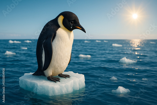 AI generated sad penguin with tears on small melting ice floe in Antarctic ocean with scattered ice and bright sun on deep blue horizon photo
