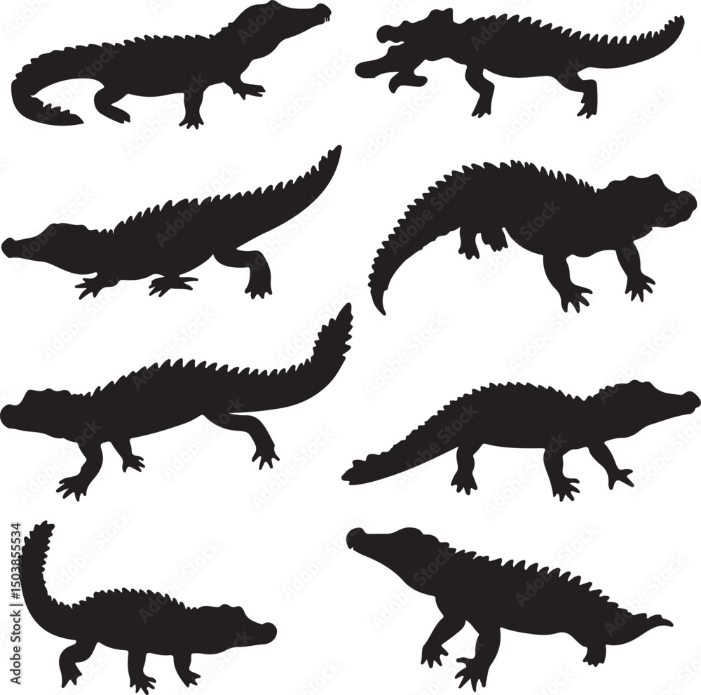 Fototapeta premium Alligator and Crocodile Silhouettes: Vector Illustration of Reptiles, Wildlife Animals in Black and White Graphic Design for Print and Web Use