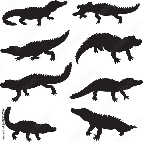 Alligator and Crocodile Silhouettes: Vector Illustration of Reptiles, Wildlife Animals in Black and White Graphic Design for Print and Web Use