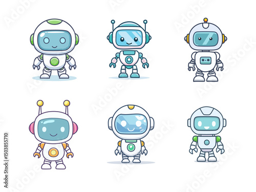 Friendly Cute Robot Icon Set | Cartoon Vector Robot Head Character Collection | Colorful Front View Robot Face Icon for App Game Web Sticker and Digital Decoration Design