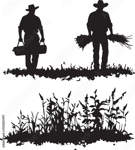 Silhouette Illustration of Farmers Harvesting Crops: Vector Graphic of Agricultural Workers in Field with Wheat and Tools