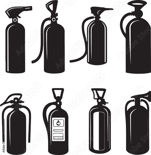 Fire Extinguisher Icons Set: Black and White Vector Illustration of Fire Safety Equipment in Various Styles for Emergency Preparedness and Design