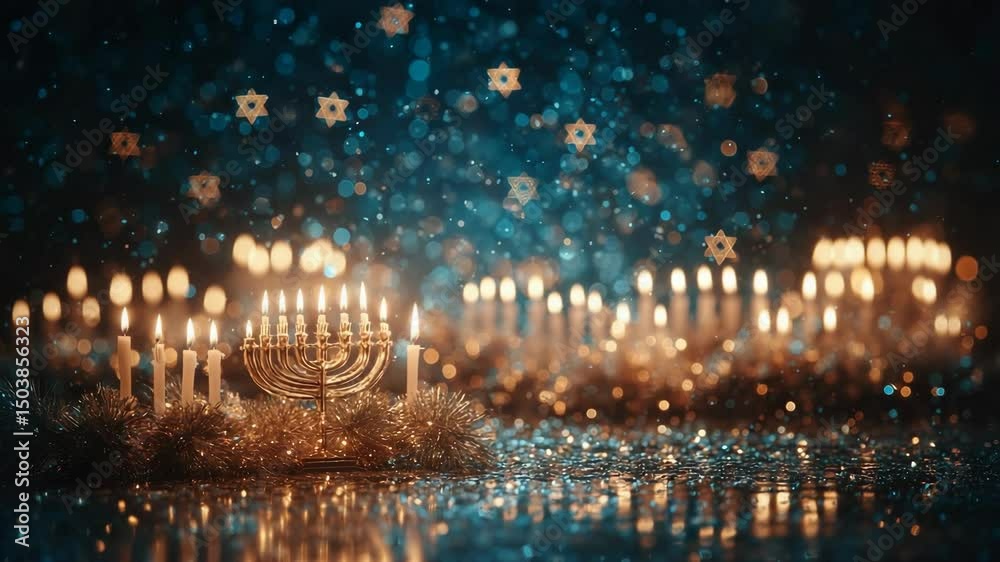 Elegant Hanukkah Celebration Still Life: Golden Menorah with Lit Candles, Star of David Bokeh, and Festive Glitter on Reflective Surface