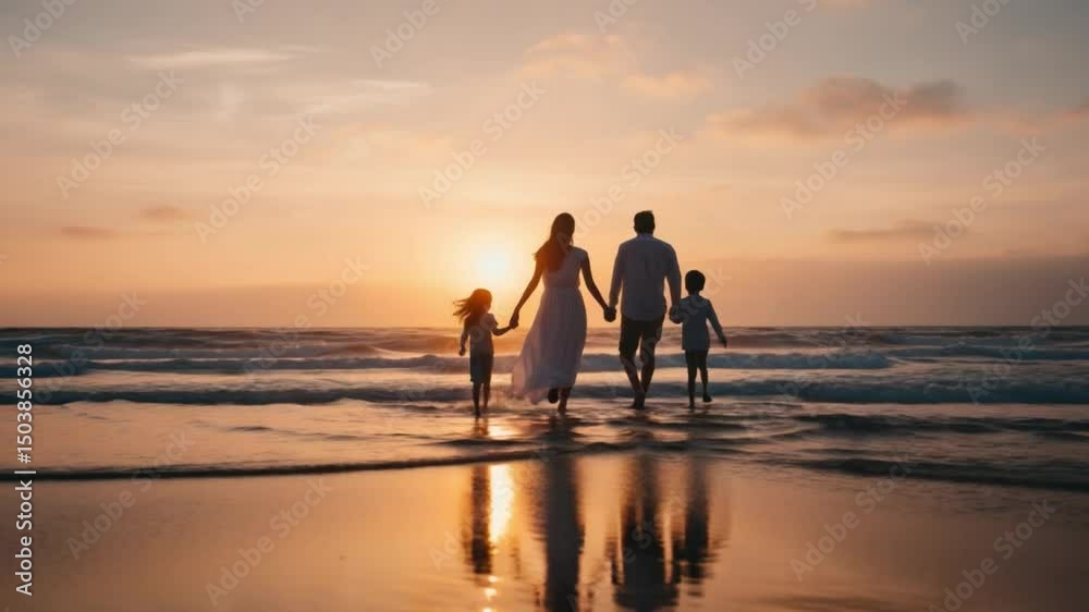 Family at the Sunset Beach: A loving family shares a tender moment walking together hand-in-hand along a serene beach. Silhouetted against the warm hues of the setting sun. Family at the Sunset Beach: A loving family shares a tender moment walking together hand-in-hand along a serene beach. Silhouetted against the warm hues of the setting sun.