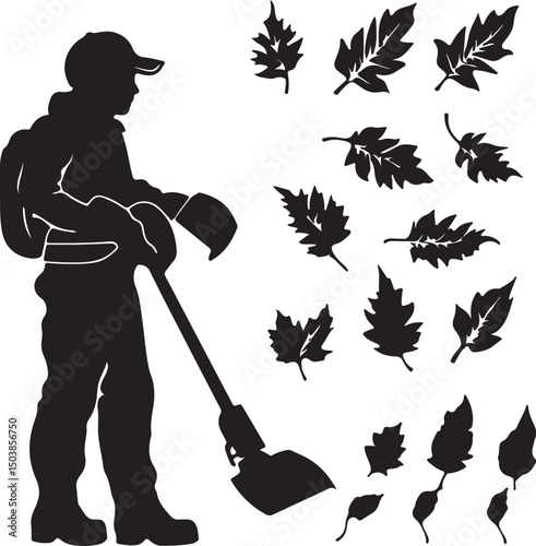 Silhouette Illustration: Man Using Leaf Blower to Clear Autumn Leaves - Yard Work, Fall Season, Gardening, Vector Graphic, Black and White