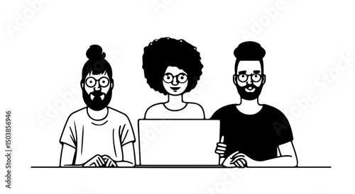 three diverse business professionals around laptop, clean continuous lines, no shading, lots of copy space, isolated on white background, 16:9