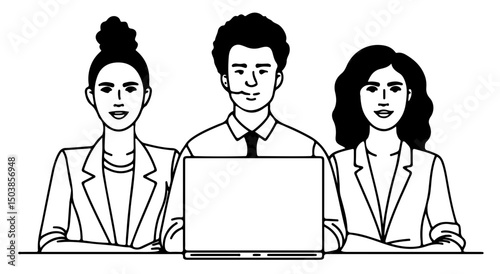 three diverse business professionals around laptop, clean continuous lines, no shading, lots of copy space, isolated on white background, 16:9