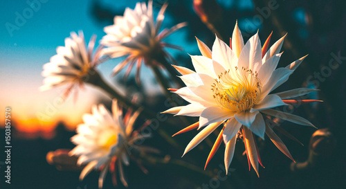  Blooming of Queen of the Night Cactus, Cereus. Close-up of large, fragrant and stunning white flowers against sunset sky
