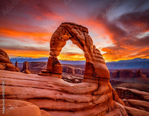 A breathtaking view of a natural, delicate red rock arch against a vibrant sunset sky, Stunning Scenic World Landscape. A natural wallpaper. delicate arch at sunset.