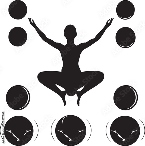 Silhouette of a Juggler in Squat Position with Balls, Black and White Vector Illustration, Circus Performer, Juggling Act, Artistic Design