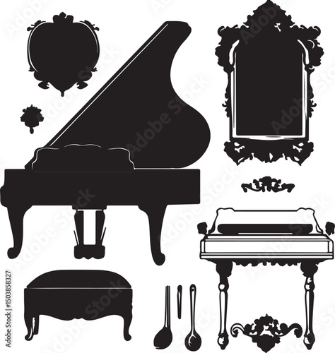 Elegant Black and White Silhouette of Grand Piano, Upright Piano, Ornate Frames, Stool, and Musical Instruments Vector Graphics Illustration