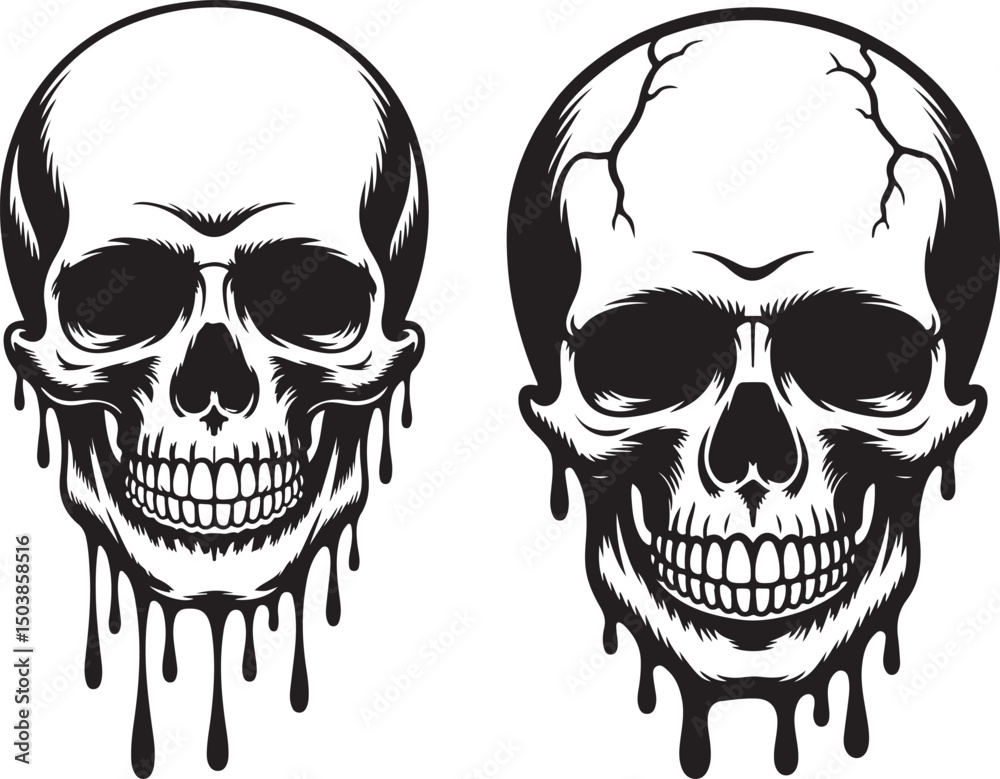 Fototapeta premium Melting Skull Vector, Dripping Horror Skull Illustration, Black and White Creepy Design, Gothic Tattoo Art, Monochrome Illustration of Melting Skull with Dripping Effect