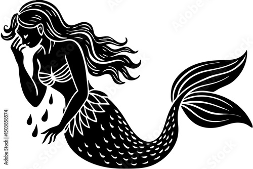 Weeping Mermaid Black and White Illustration, mermaid, black, white, sad, grief, stylized, intense, graceful, powerful, visual, mystery, sorrow, legend, tail, feeling, fairytale, loss, pose, picture, 