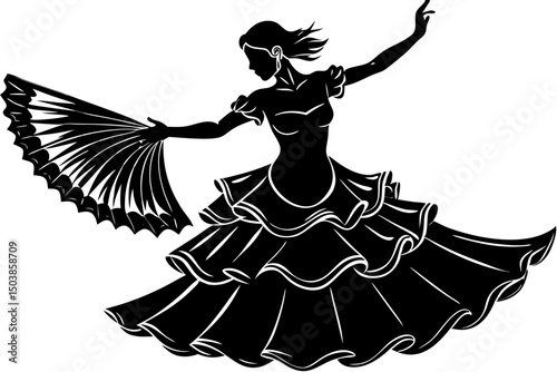 Elegant Silhouette of a Flamenco Dancer with Fan, flamenco, dancer, silhouette, spanish, intense, expressive, graceful, powerful, visual, passion, aesthetic, skill, performance, pose, monochrome, move