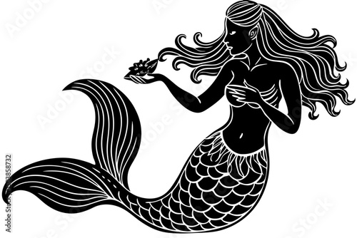 Elegant Mermaid Silhouette Ocean Mythical Creature Art, mermaid, silhouette, ocean, mythical, creature, graceful, powerful, serene, mysterious, mystery, tattoo, legend, dreamy, fairytale, detailed