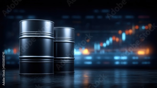 Industrial commodity concept black oil barrels on trading screens