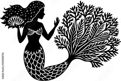 Elegant Black and White Mermaid Illustration Mystical Sea Creature Art, mermaid, black, white, sea, creature, fantasy, art, motif, mystical, tale, story, graceful, serene, magical, tattoo, legend, tai