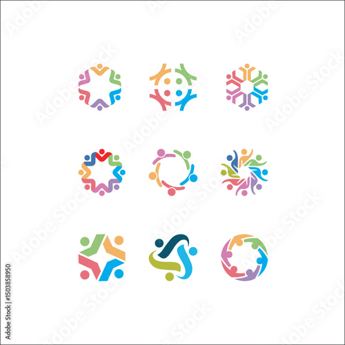 vector logo icons of people together - sign of unity, partnership, leadership, community, engagement, interaction, teamwork, team, children, kids, employees, meeting, playing, fun time