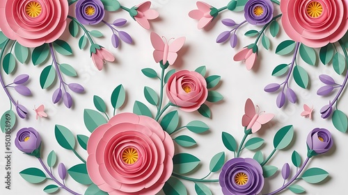 Colorful paper flowers and leaves arranged on a clean white background, showcasing a vibrant and artistic design.
