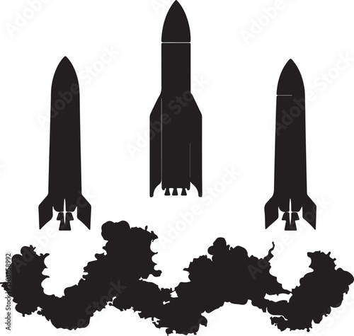 Silhouette Illustration of Three Rockets Launching with Smoke Trail | Space Exploration, Technology, and Aerospace Concept Art