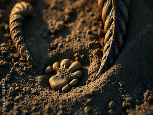 Artistic Close-up of Textured Rope and Footprint Impression in Dry Soil
