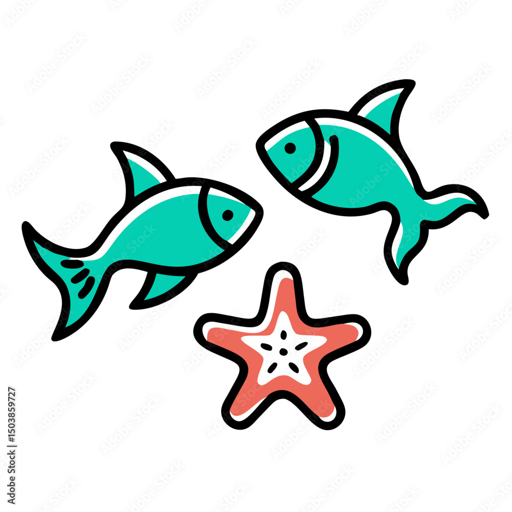 Fototapeta premium Playful sea creatures illustration, teal fish and starfish, for kids designs