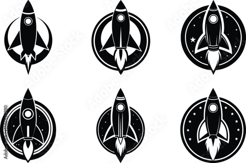 Six Retro Rocket Ship Designs Black and White Space Travel Icons