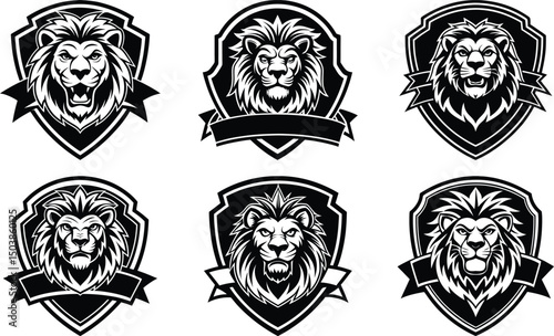 Six Lion Head Shield Badges Black and White Designs