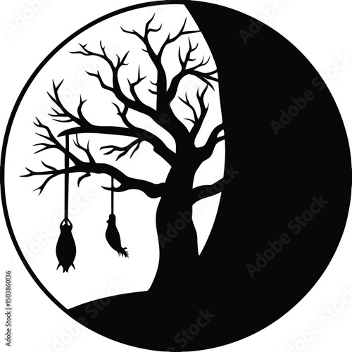 a crooked tree with a hanging noose and crows perc