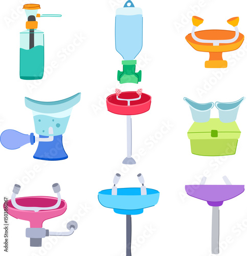eye wash station set cartoon vector illustration