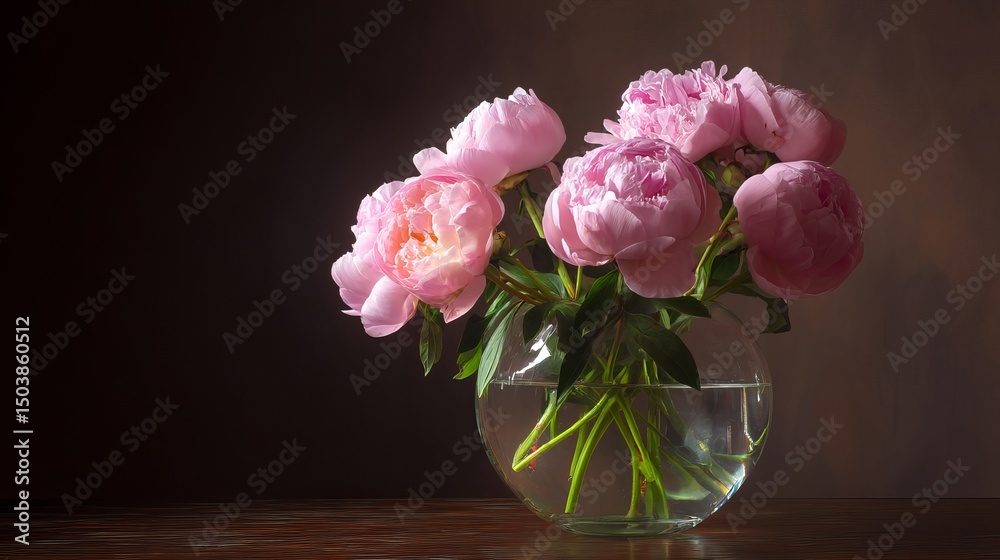 Fototapeta premium Elegant Pink Peonies in Glass Vase - Dark Moody Photography