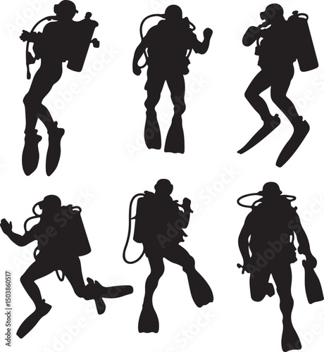 Scuba Divers Silhouettes Vector Art: Underwater Adventure, Diving Gear, Ocean Exploration, Aquatic Sport, Black and White Illustration