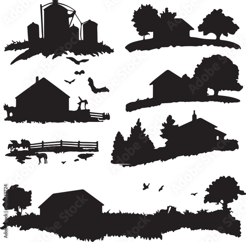 Black Silhouette Farmhouse Landscape Vector: Rural Countryside Scenery with Barns, Houses, Trees, and Wildlife Illustration Graphic Art