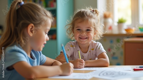 Young girl writing and drawing in a classroom setting