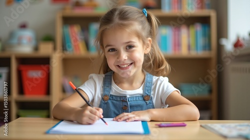 Young girl writing and drawing in a classroom setting
