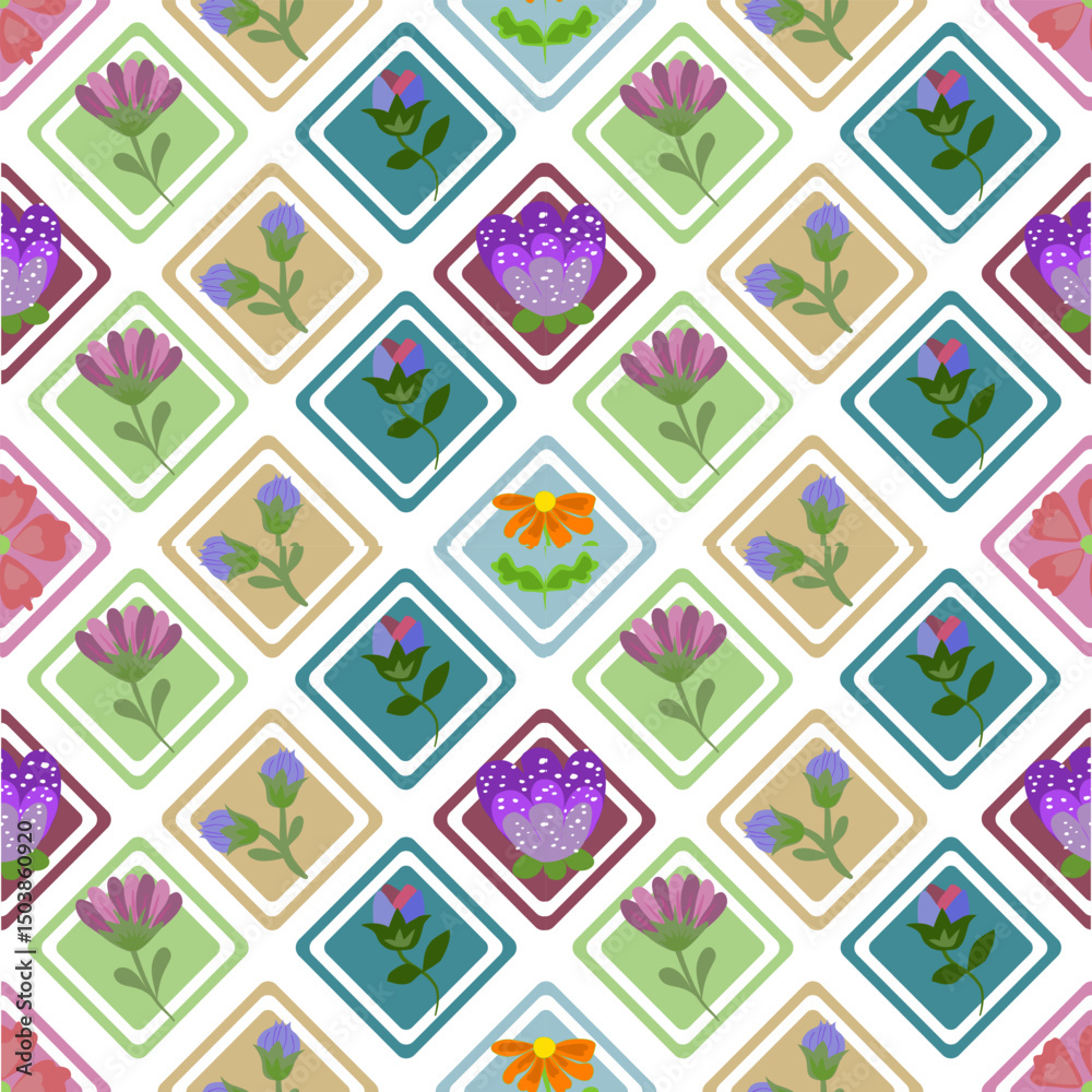 A seamless floral pattern featuring various stylized flowers in diamond-shaped frames. The design uses a soft pastel color palette with gentle greens, blues, pinks, and purples. Ideal for spring-theme