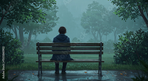 Solitary Figure on RainSoaked Bench in Misty Park