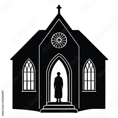 a lone figure standing at the entrance of an old c