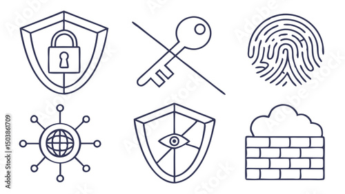 Line Art Illustration Of Cybersecurity Icons Including Shield Lock Key Fingerprint Firewall And Network Security Symbols