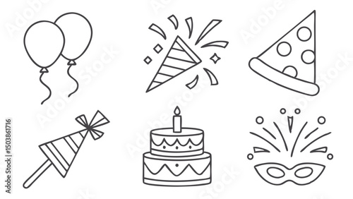 Line Art Illustration Of Party And Celebration Icons Including Balloons Birthday Cake Confetti Hats And Masquerade Mask
