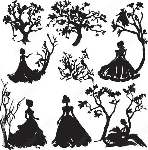 Silhouette Art: Princesses and Trees Vector Illustration - Fantasy Fairytale Graphics for Design, Scrapbooking, and Crafts Projects