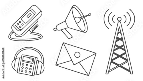 Line Art Illustration Of Communication Devices Including Telephone Fax Satellite Dish Envelope And Radio Tower Antenna